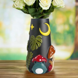 AmiCera Cute Frog Flower Vase, 20 cm Colourful Tall Vases for Home Decor, Unique Boho Decorative Mushroom Vases for Flowers, Modern Rainbow Funky Gardening Gifts, Black