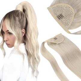VeSunny 20" Blonde Ponytail Human Hair Color #60 White Blonde Ponytail Wrap Around Hair Extensions Clip in Remy Straight Hair 80G/Set