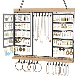 Large Rotating Hanging Jewelry Organizer, 5-Tier Earring Holder Storage Holds up to 180 Pairs, Wall Mounted Jewelry Rack for Earrings, Necklaces, Bracelets and Rings, for Girls, Black
