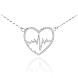 925 Sterling Silver Lifeline Pulse Heartbeat Pendant Open Heart Necklace, 16"