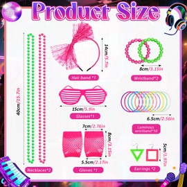 80s Women Costume Accessories Set，Off Shoulder T-shirt Legging Pants Necklace Earrings Bracelet Hairband Fishnet Gloves for Retro Theme Party (yellow+green, M)