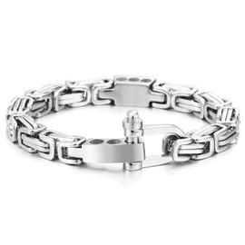 COOLSTEELANDBEYOND Byzantine Link Chain Bangle Bracelet for Men, Anchor Shackle Marine Screw Clasp, Steel Mechanic