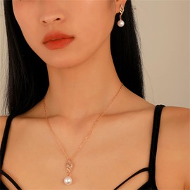 LPYO Charm Pearl Wedding Earring Necklaces Set for Women Elegant Vintage CZ Freshwater Pearl Jewelry Set Round White Pearl Costume Jewelry Accessories for Brides Bridesmaids, Birthday Gift (gold)