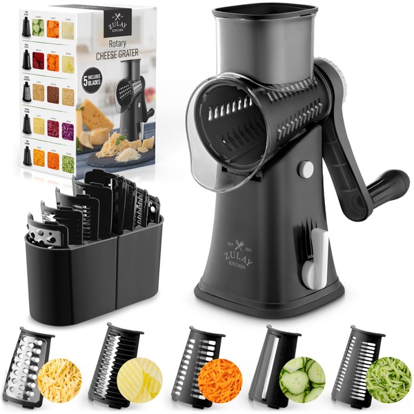 Rotary Cheese Grater with Handle & Upgraded Suction Base - Cheese Shredder with 5 Interchangeable Stainless Steel Blades - Multifunctional Vegetable Cutter & Nut Grinder with Blade Storage Box (Black)