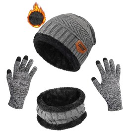 ASYBHYY Hat Scarf and Glove Winter Warm 3 in 1 Set, Knitted Beanie Cap Circle Scarf and Non-Slip Touchscreen Gloves Fleece Lining Soft Stretch for Men or Women (Gray)