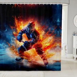 Feelyou Hockey Player Shower Curtain Ice Hockey Fabric Shower Curtain for Kids Fire Bathroom Waterproof Accessories with 12 Hooks Women Men Teens Ultra Soft Decor Sport Curtains,72x72 Inches