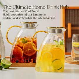 2-Pack Glass Pitcher with Lid 60OZ, Vertical Stripe Leakproof Water Pitcher for Fridge - Borosilicate Beverage Jug for Iced Tea, Juice, Infused Water