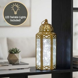Vela Lanterns Portavelas de Metal marroquí Decorativo con Luces LED para Interior del hogar, centros de Mesa, Patio o Porche al Aire Libre, Bodas, Dorado, Mediano