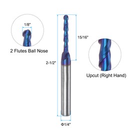 sourcing map 2pcs Ball Nose End Mill CNC Router Bit, 1/16" Radius 1/4" Shank Solid Carbide Nano Coated Upcut Spiral 2 Flutes Cutter Milling Tool, 1/8" Dia 2-1/2" Total Length