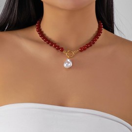 Trendy Beaded Red Necklace for Women Boho OT Buckle Choker Layered Necklaces Charm Baroque Pearl Drop Necklace Unique Aesthetics Jewelry Gift (Pearl)