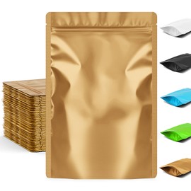 FUNFERY 3.5x5.1 inch Stand Up Mylar Resealable Bags for Food Storage,Smell Proof Foil Pouch,Food Packaging Sealable Bags,Mylar Zipper Bag for Jerky,Candy,Cereal,Coffee, Cards,Gold,50 Pack