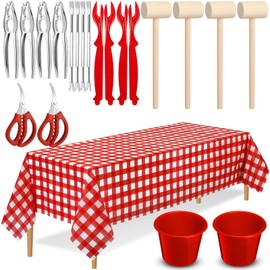 SmoothNovelty 21 Pcs Seafood Tools Set Seafood Boil Party Supplies - Tablecloth Crab Crackers Scissors Lobster Sheller Hammer Shellfish Forks Cracker Red Plastic Bucket for Lobster Crab Food Party