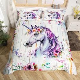 Homewish Unicorn Bed Linen 135 x 200 cm Children's Girls Purple Animals Duvet Cover Cute for Girls Boys Purple Aesthetic Flowers Bed Set with 1 Pillowcase Wooden Board Decor Soft Microfibre