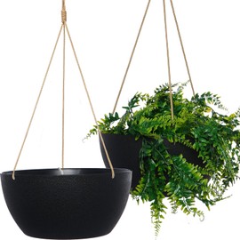 SwinDuck 12 Inch 2 Pack Large Hanging Planters for Indoor Outdoor Plants, Plastic Hanging Basket Pots for House Plants Flowers, Black