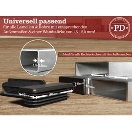 PD® Lamellar Plugs 80 x 40 mm for Square Tube, End Caps, Rectangular, Made of PE Plastic, Pipe Plugs for Pipe Cover of Steel Pipe, Stainless Steel Tube, Aluminium Tube and Aluminium Profile,