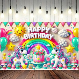 BlissYard Unicorn Hapyy Birthday Banner Birthday Backdrop Pastel Rainbow Party Decorations Backdrop for Girls Princess Pink Unicorn Themed Photo Booth Props Celebration Patio Decor