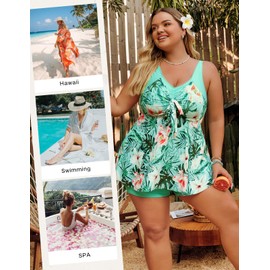 Hanna Nikole Ladies Modest Tankini Peplum Spaghetti Strap Tankini Vintage Full Coverage Swimwear Green Floral 26 Plus