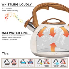 Tea Kettle, Vegoran 100 OZ / 3 Liter Whistling Tea Kettle, Tea Pots for Stove Top Food Grade Stainless Steel with Wood Pattern Folding Handle, Loud Whistle Kettle for Tea, Coffee, Milk (B-White)