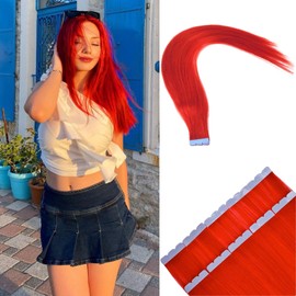 Red Mini Tape in Hair Extensions Real Human Hair Invisible Seamless Tape in Human Hair Extensions Highlighted Straight 12Inch Real Hair for Cosplay