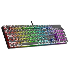 Typewriter Mechanical Gaming Keyboard with RGB Backlit Red Switches, 104 Keys Retro Round Keycap, Wired Typewriter Style Comfortable Typing Soud (Black RGB)