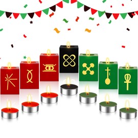Mumufy 7 Sets Kwanzaa Kinara Candles Decorations with Wooden Cube Candle Holders Double Sided Printing Kwanzaa Tea Light Set for Celebration and Table Ornaments