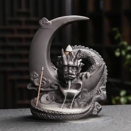 HaisWonsa Moon Dragon Incense Burner - Ceramic Incense Waterfall Burner Dragon Smoke Fountain Incense Holder with Cones & Tweezer & Mat for Aromatherapy/Yoga/Home/Office Decor