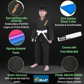 POZTEV Kids Brazilian Jiu Jitsu Gi For Kids BJJ Gi Youth Grappling Kimonos Preshrunk Lightweight Children Martial Arts Training Uniform With Free White Belt (BL,K00)