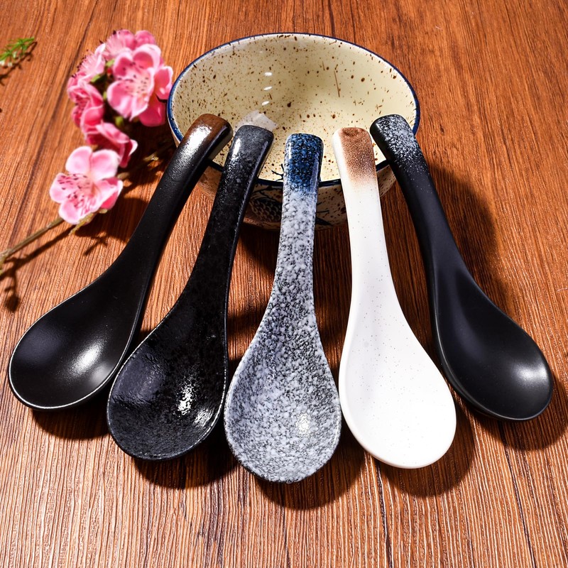 Cerficer Japanese Soup Spoon Set of 5 Asian Ceramic Ramen