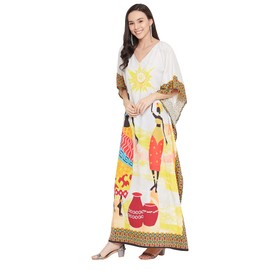 Oussum Women Polyester Casual Kaftan Long Plus Size Summer Beach Caftan Cover Ups Maxi Dresse for Ladies (Multicolor Tribal Printed Caftan)