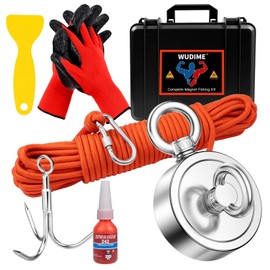 WUDMIE Strong Magnet Fishing Kit, 1000 Lbs Pulling Force Rare Earth Magnet with 65 FT Rope, Carabiner, Gloves, Grappling Hook and Carry Case for Retrieving in River and Magnetic Fishing