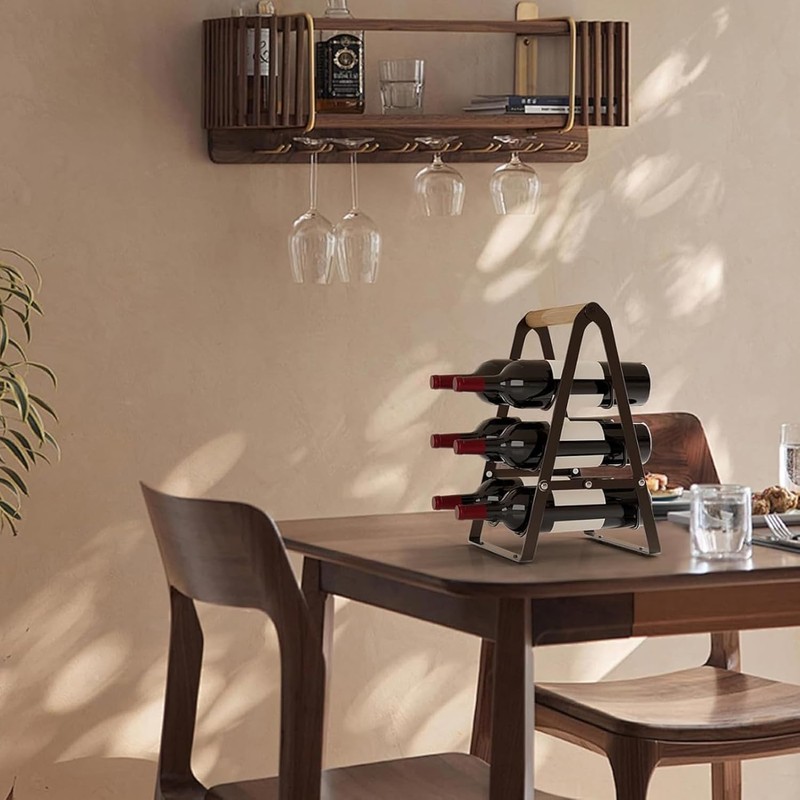 VANEME 6‑Bottle Foldable Stackable Metal Wine Rack with Wooden Handle,