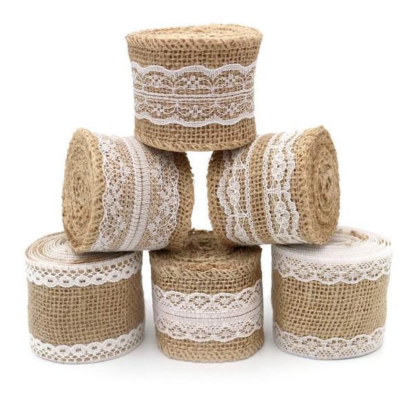 Lace Ribbon,6 Pcs Burlap Ribbon, 12M Jute Burlap Craft Ribbon Roll 5CM Wide with White Lace for DIY Handmade Wedding Crafts Lace Linen(2Meters for each)