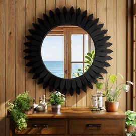 VETROVUE 24 Inch Black Boho Wall Decor Sunburst Mirror - Round Wooden Wall Decor, Handmade Rustic Circular Mirror for Living Room, Bedroom, Entryway, Office