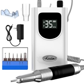 35000RPM Professional Nail Drill Machine, Kredioo Pro Electric Drill for Acrylic Nails Rechargeable Portable with 6 Bits, Sanding Bands, Cordless Efile for Gels Manicure Salon-White