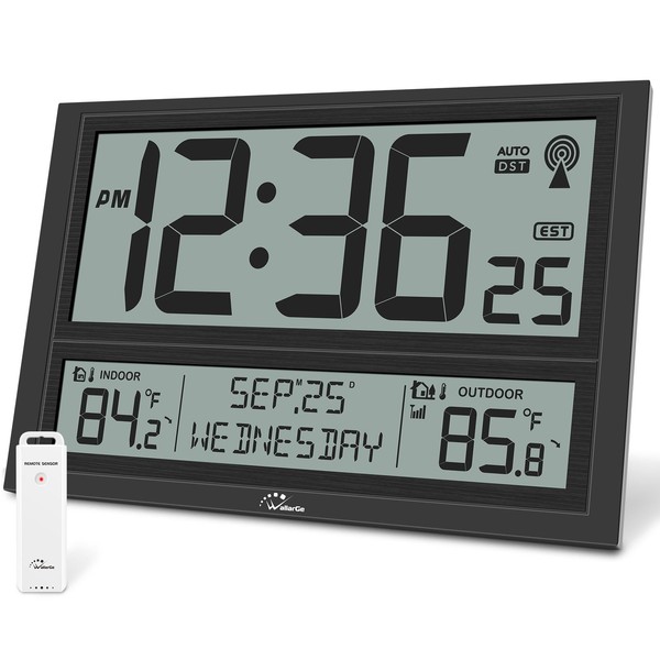 WallarGe Extra Large Atomic Clock with Indoor Outdoor Temperature, Ultra