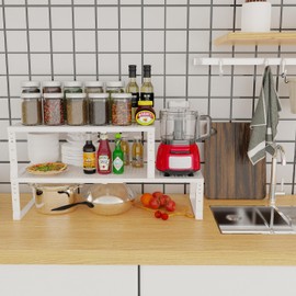 Jojocross Expandable Adjustable Stackable Kitchen Organizer, Spice Rack,Metal Pantry Storage Shelves Racks,Counter Shelf for Cabinets, Countertop, Cupboard (2 Packs/Medium/White)