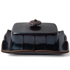 Dormercy Butter Dish with Lid for Countertop, Large Ceramics Butter Dish Container, 7.5 Inch Butter Holder with Handle, Black
