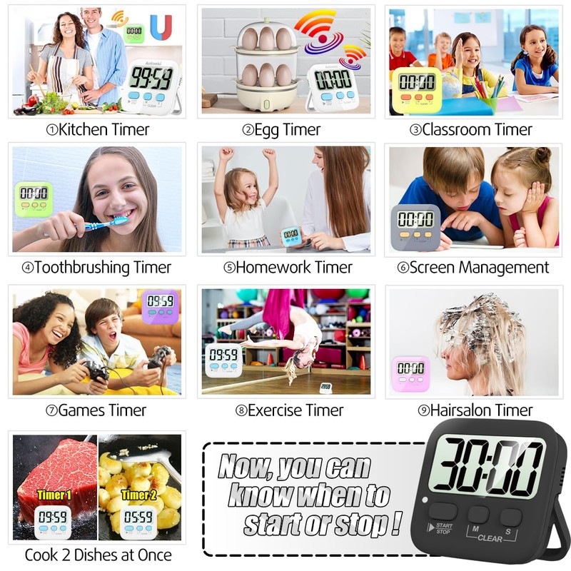 Antonki Timer, 2 Pack Timer for Kids, Kitchen Timers, Digital