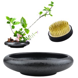 CRAFFANCY Flower Arrangement Supplies, Deep Round Ceramic Ikebana Flower Vase with 5cm Kenzan Flower Frog for Floral Arrangement Home Decoration, Black Spotted