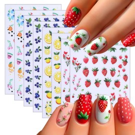 Summer Fruit Nail Art Stickers 3D Self-Adhesive Lemon Strawberry Blueberry Summer with Flower Design Decals Cute Fruit Sticker for Nails Women DIY Manicure Decorations 8 Sheets