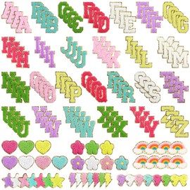 147 Pcs Chenille Letters Patches Self Adhesive Varsity Letter Patches, Colorful A-Z Iron on Letters for Clothing, Chenille Letters with Rainbow Hearts Flowers Stars Lightning Bows Embroidered Patches