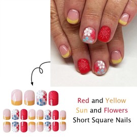 French Tip Press on Nails Short Square Fake Nails Cute Flower Glue on Nails Red Acrylic False Nails with Sun Designs Full Cover Gloss Artificial Stick on Nails for Women Girls 24PCS