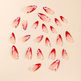 Red French Tip Press on Nails Medium Almond Fake Nails with Designs Flower Acrylic False Nails Glossy Full Cover Glue on Nails Spring Artificial Stick on Nails for Women Nails Manicure 24 Pcs