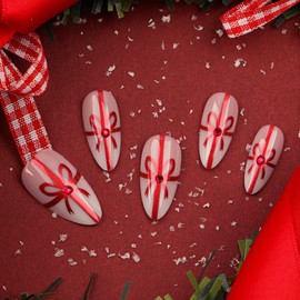 Christmas Press on Nails Medium Length Almond Fake Nails Stick on Nails for Women & Girls with Red Bow Designs False Nails Rhinestone Charm Glue on Nails Artificial Acrylic Full Cover Nails 24 Pcs