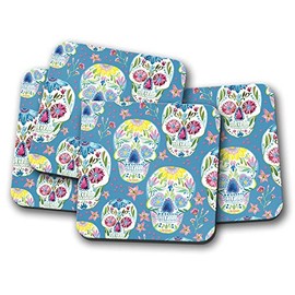 4 Set - Flowery Sugar Skulls Drinks Coaster - Calavera Mexico Dead #8492