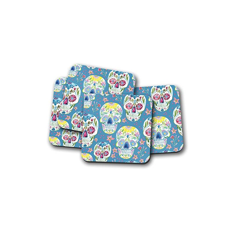 4 Set - Flowery Sugar Skulls Drinks Coaster - Calavera