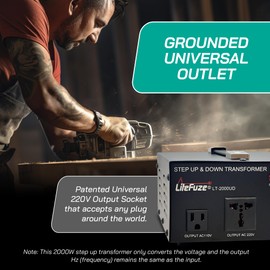 LiteFuze 2000 Watt Voltage Converter Transformer Step Up/Down - 110v to 220v / 220v to 110v Power Converter - Fully USA Grounded Cord - Universal Outlet Socket, 2x US Outlets - CE Certified