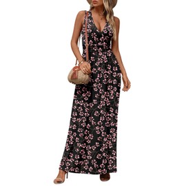 CATHY Women's Casual Sleeveless Deep V Neck Beach Waist Maxi Dresses with Pockets, L, Fl Gypsophila Black
