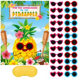 Faccito Hawaiian Luau Party Game Pin The Sunglasses on The Pineapple Party Game Hawaii Tropical Party Supplies with 24 Pcs Sunglasses Sticker for Boy Girl Hawaiian Summer Beach Birthday Tiki Party