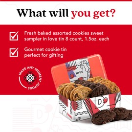 David’s Fresh Baked Assorted Cookies Sweet Sampler in Love Tin 8 Count - Chocolate Chunk, Peanut Butter Chip, Double Chocolate Chunk & Oatmeal Raisin Flavor, Delicious Gourmet Gift For All Occasions